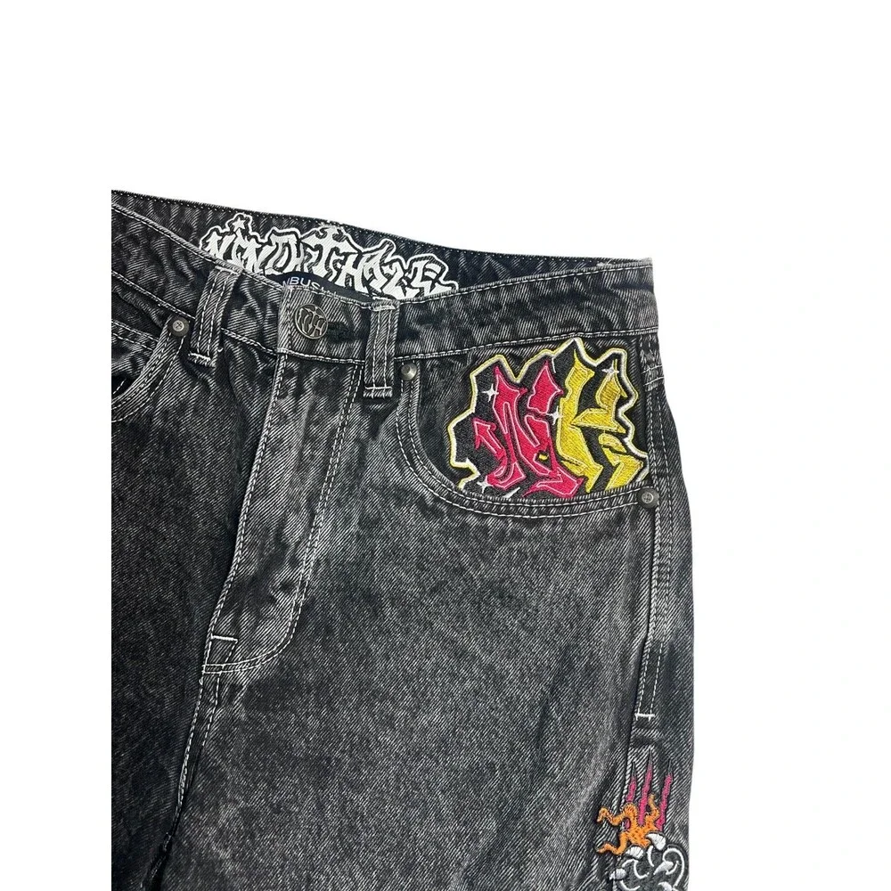 Ninth Hall Ambush Cotton Baggy Jeans Panther Snake Embroidered Denim Pants Black